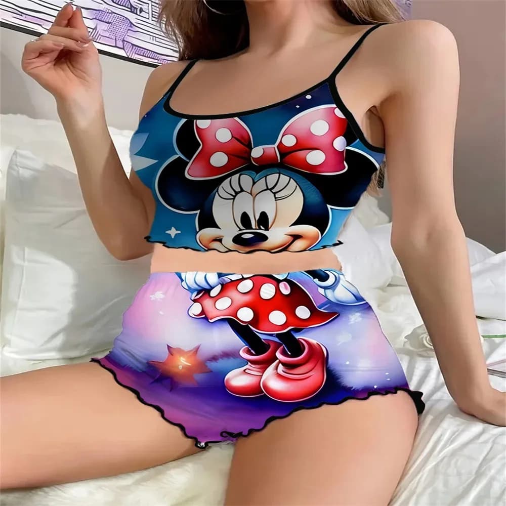 New Minnie Pattern Women's Sleevesless Pajama Ruffled Edge Design Female Nightwear Sexy Charming Suspender Sleepwear for Women