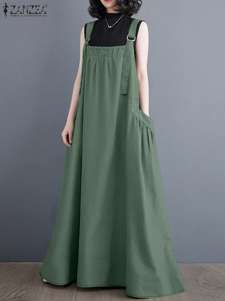 Women Autumn Solid Long Overalls Dress ZANZEA Fashion Spaghetti Strap Vestido Robe Femme Vintage Casual Loose Sundress Sarafans