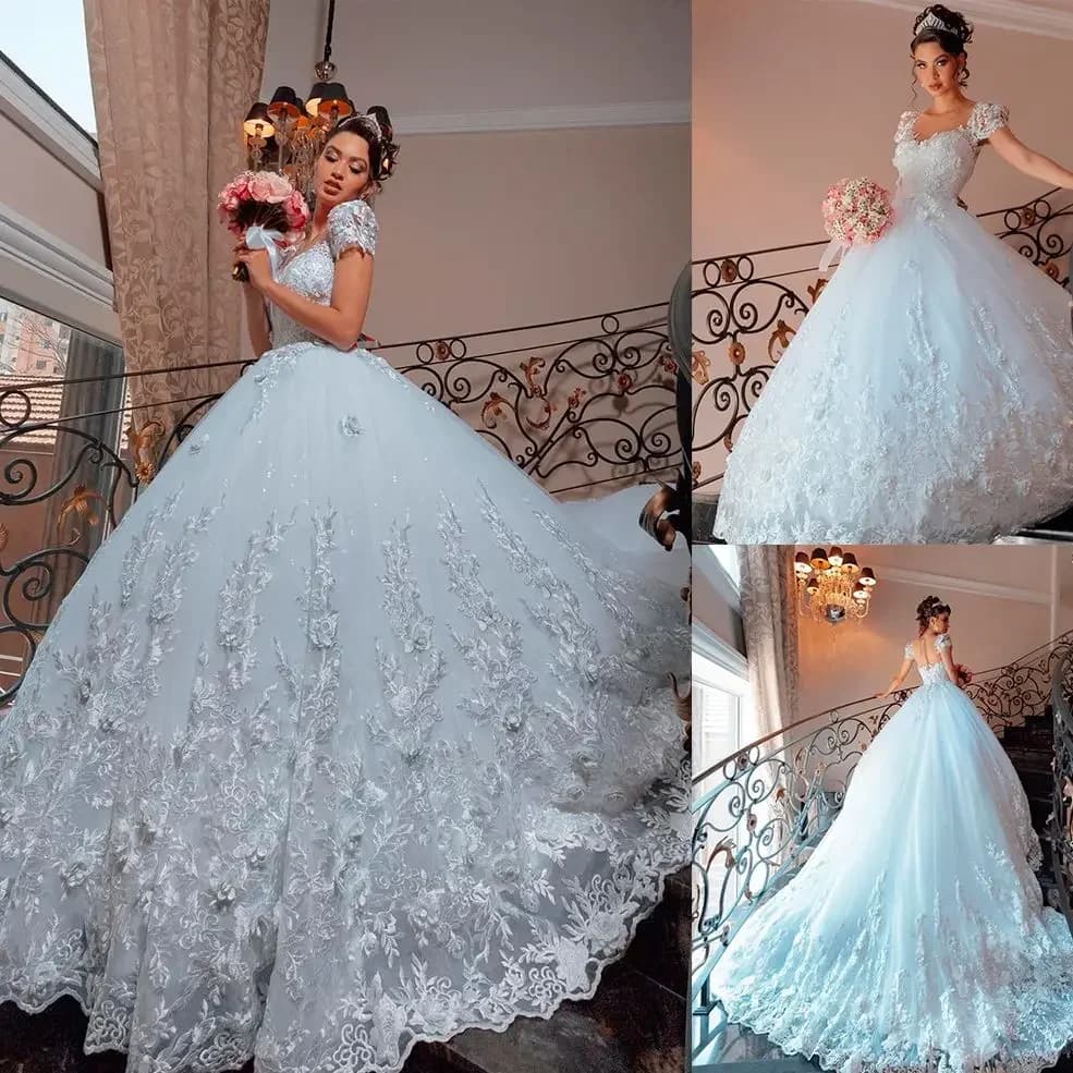 Customized  Scoop 3D Lace Appliques Saudi Arabic Wedding Dresses Sweep Train Ballgown Short Sleeves Bridal Gowns 2025