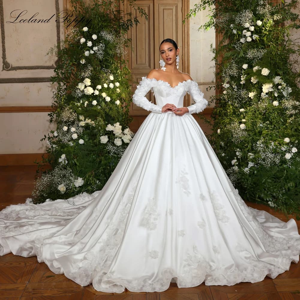 Lceland Poppy Customized Ball Gown Boat Neck Satin Wedding Dresses Full Sleeves 3D Flowers Bridal Gowns with Cathedral Train