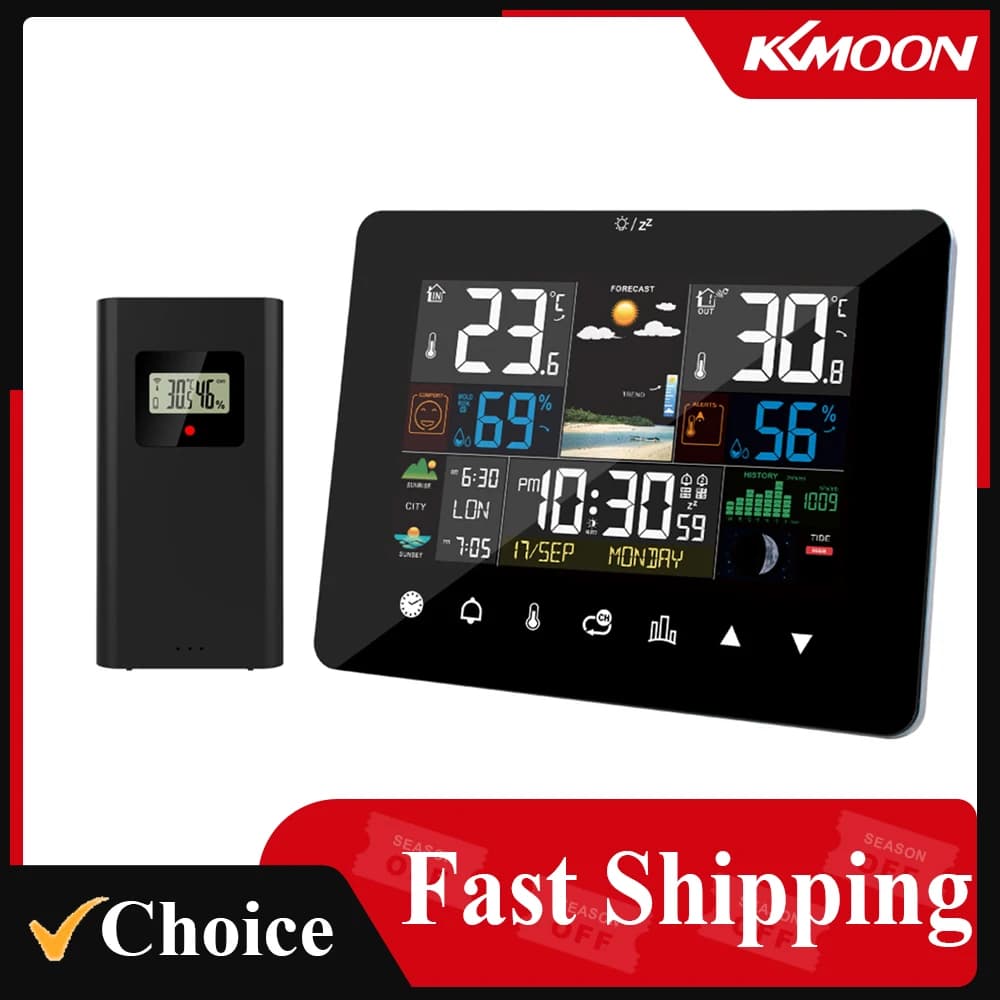 FJ3362G Weather Station Alarm Clock Thermometer Hygrometer Touch Screen Wireless Sensor Sunrise Sunset Hygrothermograph