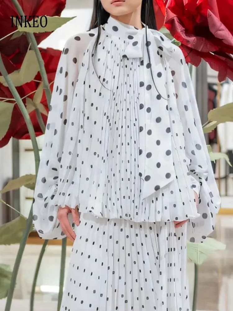 Streetwear Polka dot printing blosue for women Fashion Bow tie pleated Batwing sleeve shirt Oversize Luxury Chiffon tops 4T207