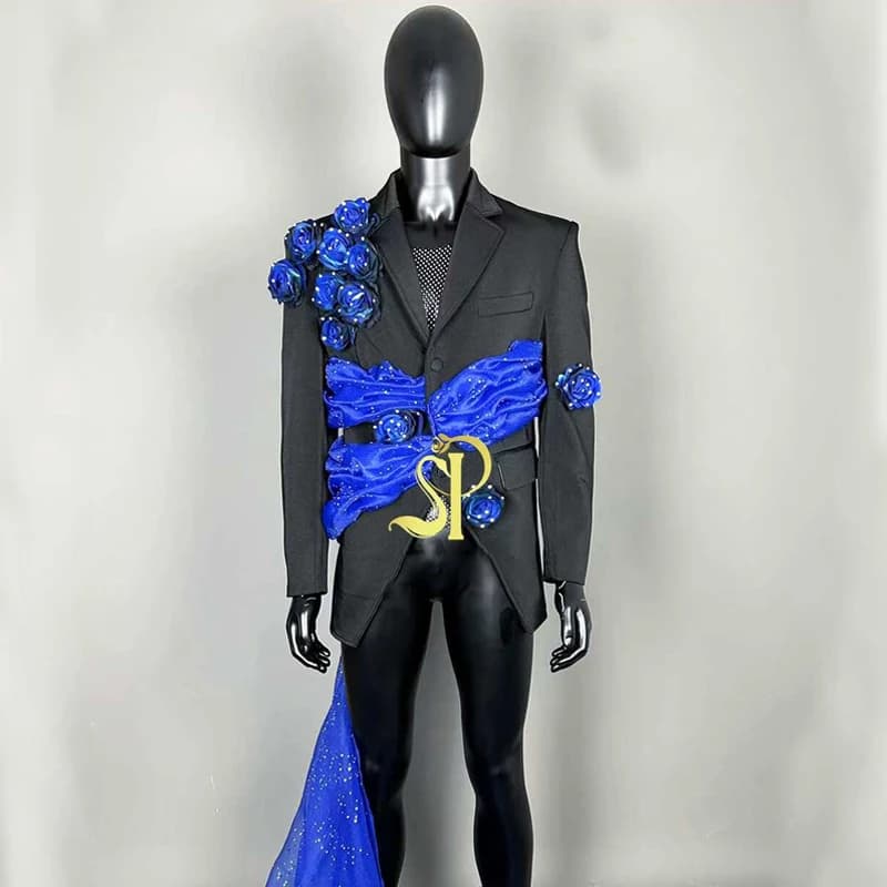 Men Singer Jazz Dance Suit Black Irregular Flower Jacket Nightclub Ds Dj Gogo Dancer Costumes Stage Performance Outfits XS8150