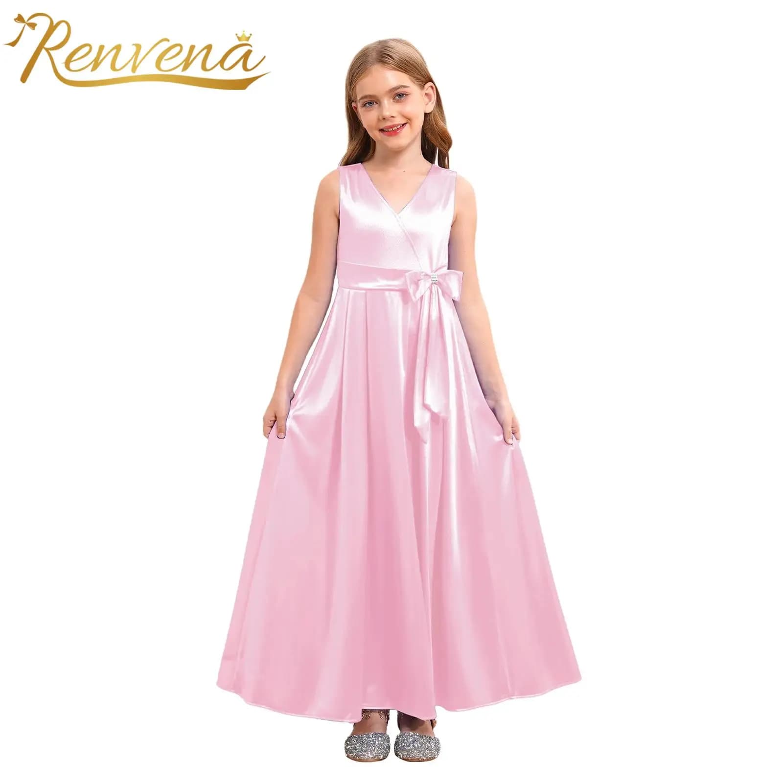 Girls Formal Dress Floor Length First Communion Satin Gown for Cocktail Party Prom Wedding Junior Bridesmaid Dress With Bow