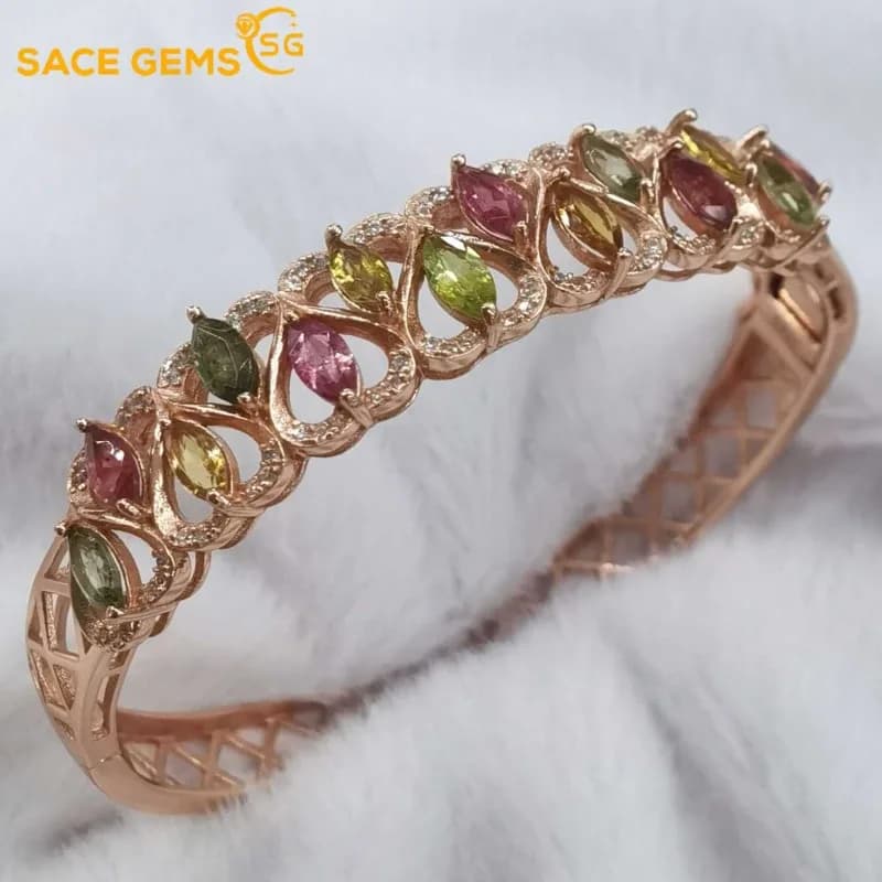 SACE GEMS New Certified 3*6mm Natural Tourmaline Bracelets 925 Sterling Silver 16.5cm for Women Engagement Party Fine Jewelry