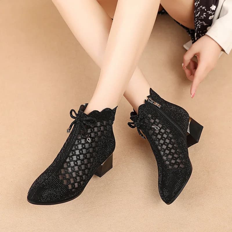 Spring Summer Upscale High Heels Fashion Rhinestones Genuine Leather Sandals Thick Heels Mesh Boots Hollow Women's Shoes 34-43