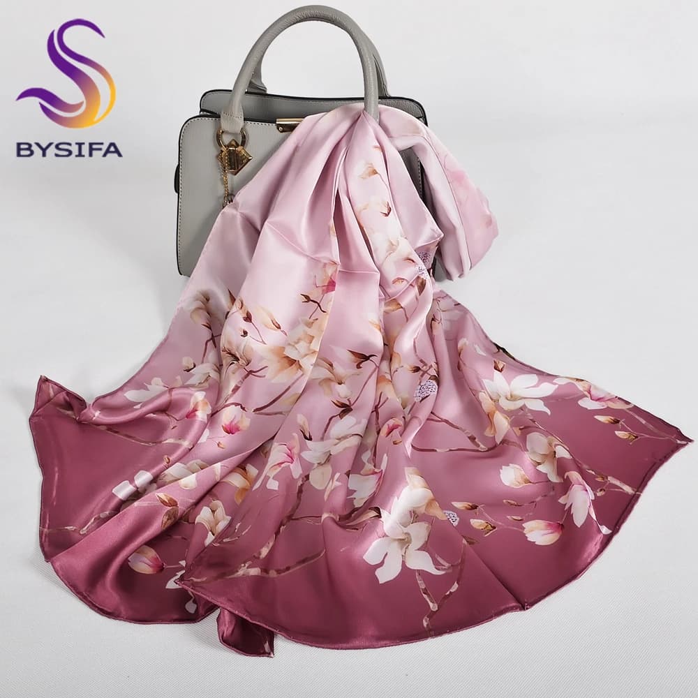 BYSIFA|Fall Winter Pink Silk Scarf Hijab Elegant Magnolia Long Scarves Shawls Fashion Accessories Brand Head Neck Scarves Wraps