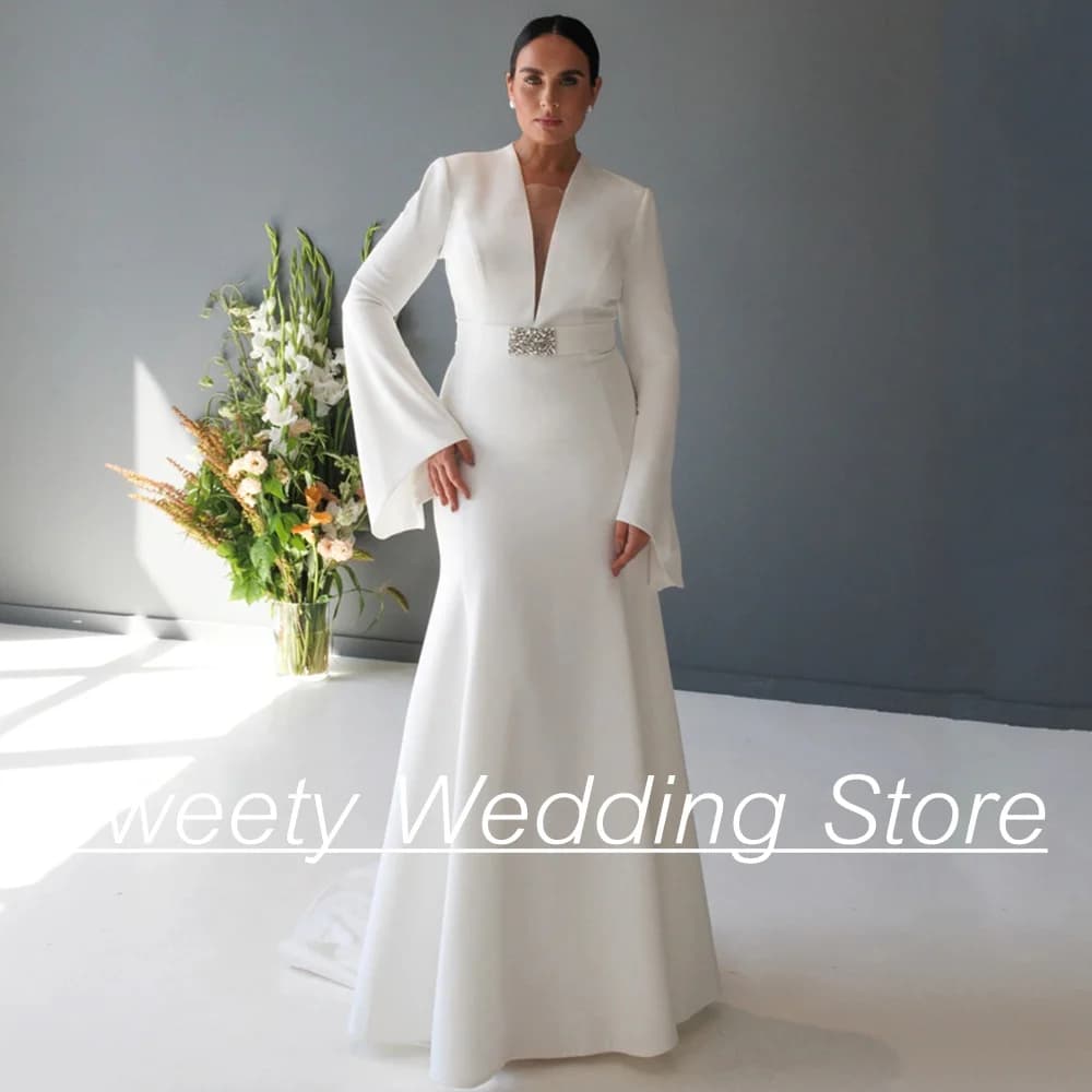 Saudi Arabian Wedding Dress Plus Size Long Sleeves V Neck Stones Belt Sweep Train Modern Mermaid Bridal Gown Vestido De Noiva