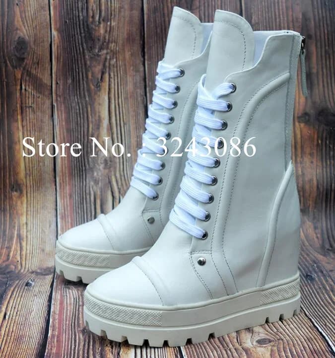 New 10cm Heel Leather Woman Short Boots Fashion Lace-up Platform Lady Wedge Boots Sexy Increasing Heel Female Casual Boots