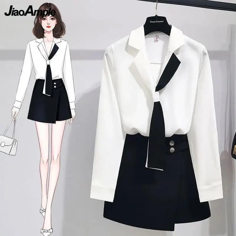 2025 Girl White Shirt Top Midi Skirt Two-piece Women's Professional Suit Korean Fashion Elegant Blouse Dress Set Female Clothes