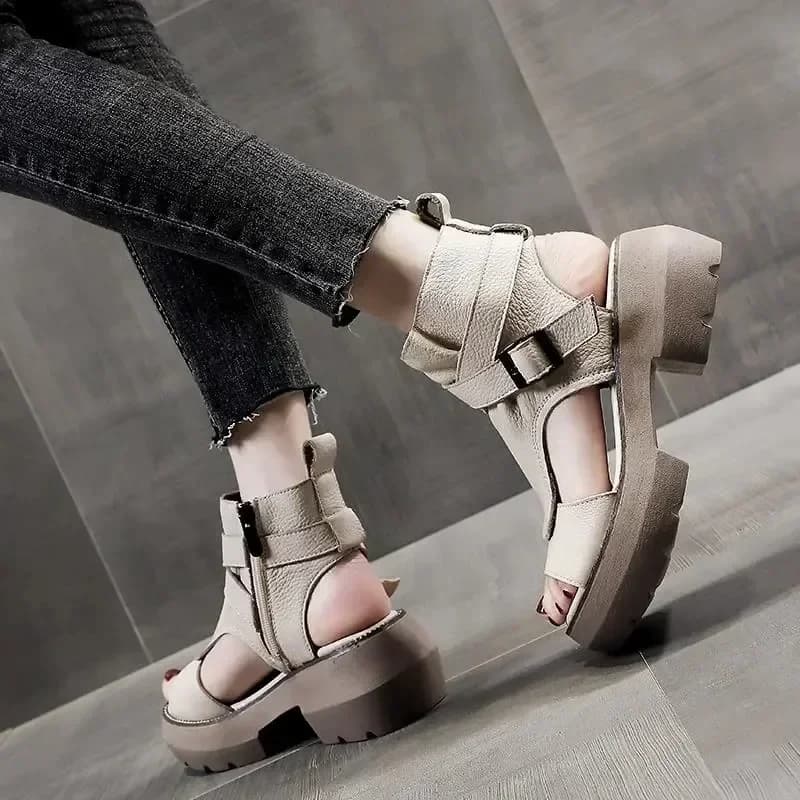 2025 New Summer Shoes Women Sandals Retro Genuine Leather Wedges Platform  Peep Toe High Heel  Black