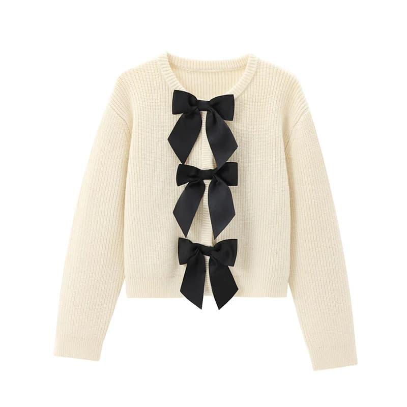 Warm Knitted Sweater O-Neck Bow Decoration Casual Office Lady Winter Women Tops Fashion Long Sleeves Knit Sweater Streetwear