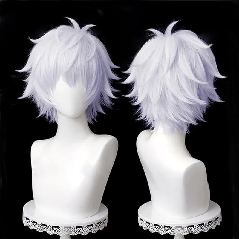 Anime Cosplay Wigs Gojo Satoru Wig Short Layered Silver Heat Resistant Synthetic Hair Wigs + Wig Cap