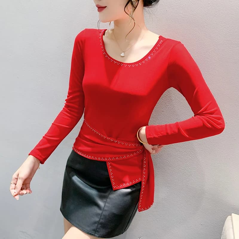 2024 New Arrival Office Solid T-shirt Autumn Winter New Design Woman M-3XL Long Sleeve Asymmetrical Split hem Slim High Quality