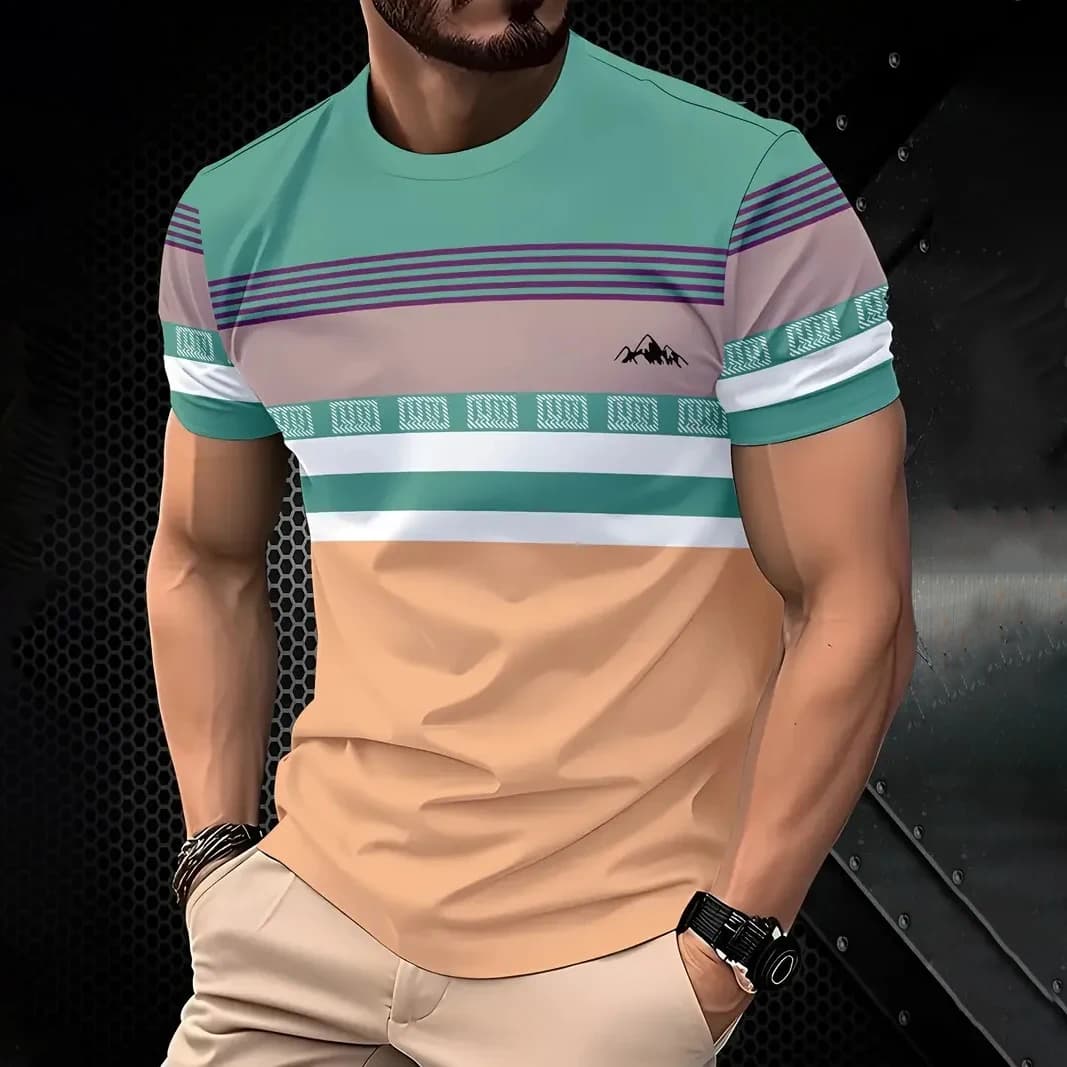Classic Men's T-shirt Summer Outdoor Round Neck Short Sleeve Top Stripe Print Street Loose T-Shirt Male Oversized Clothing