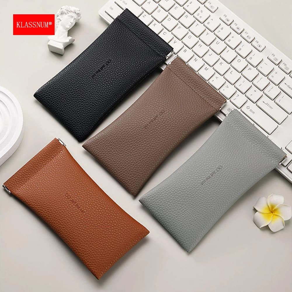 KLASSNUM Glasses Case Women's PU Leather Glasses Storage Bag Automatic Closed Cover Soft Eyewear Pouch Data Cable Organiser 2025