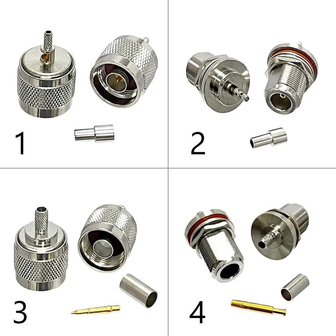 1-4PC N Type Male Female Plug Jack RF Coax Connector Crimp for RG316 RG174 RG58 RG142 Cable Copper Nickelplated With Drawing NEW