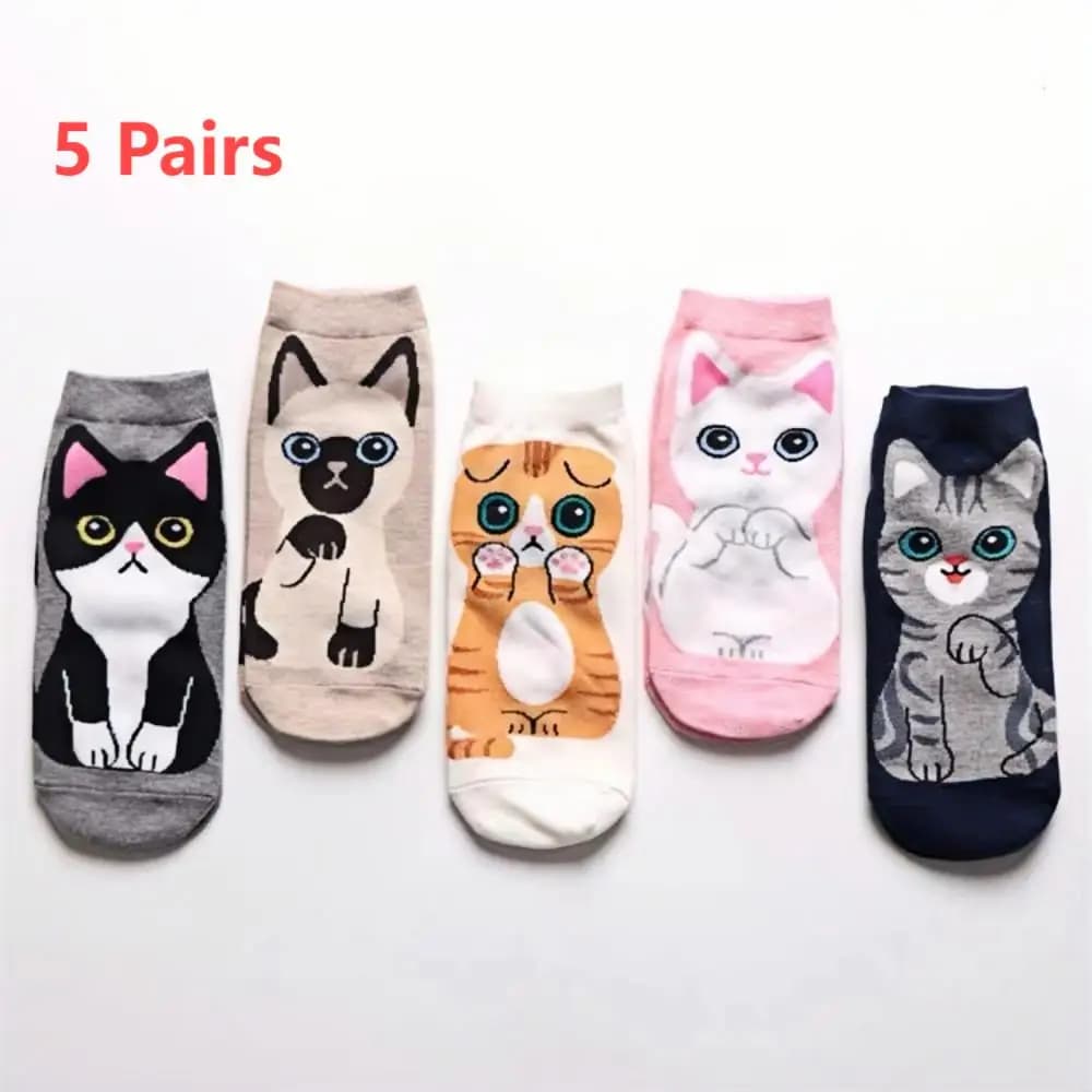 5 Pairs Women's Cute Cat Cartoon Short Socks Spring and Summer New Breathable Cotton Socks