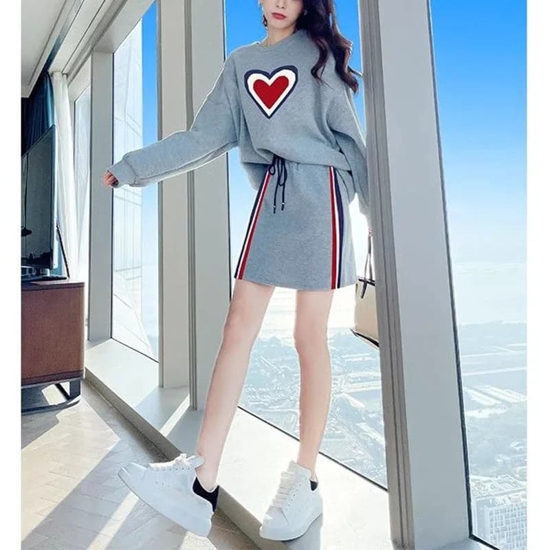 Gray Spring New Lady Fashion Westernization Pure Cotton Hoodie Skirt Contrasting Colors Appear Thin Round Neck Two Piece Set