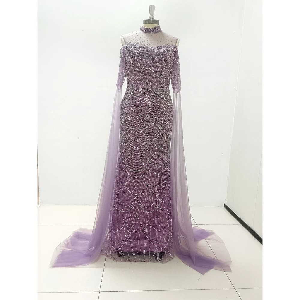 Sage Green Mermaid Luxury Dubai Evening Dress with Cape Sleeves Elegant Women Purple Wedding Formal Party Gown