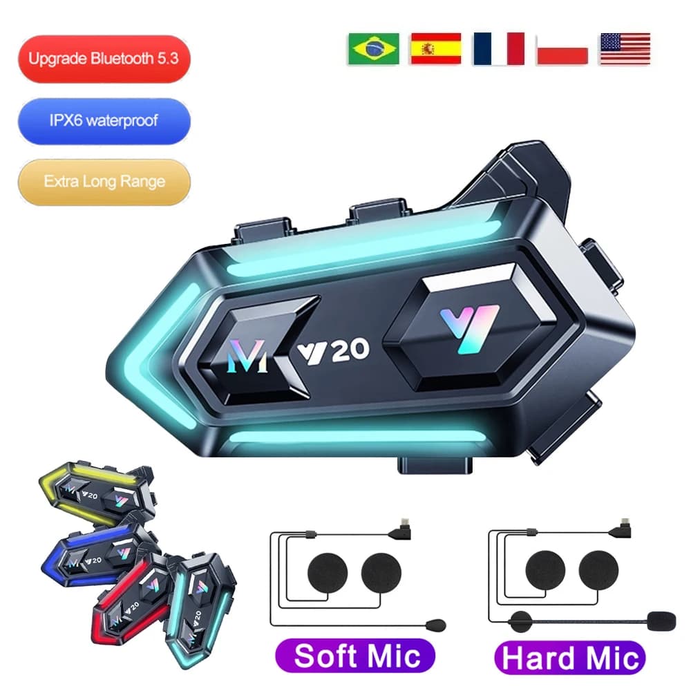 Y20 Motorcycle Helmet Bluetooth Headset BT5.3 Handsfree Call Wireless Noise Reduction Waterproof Headphone with RGB Light