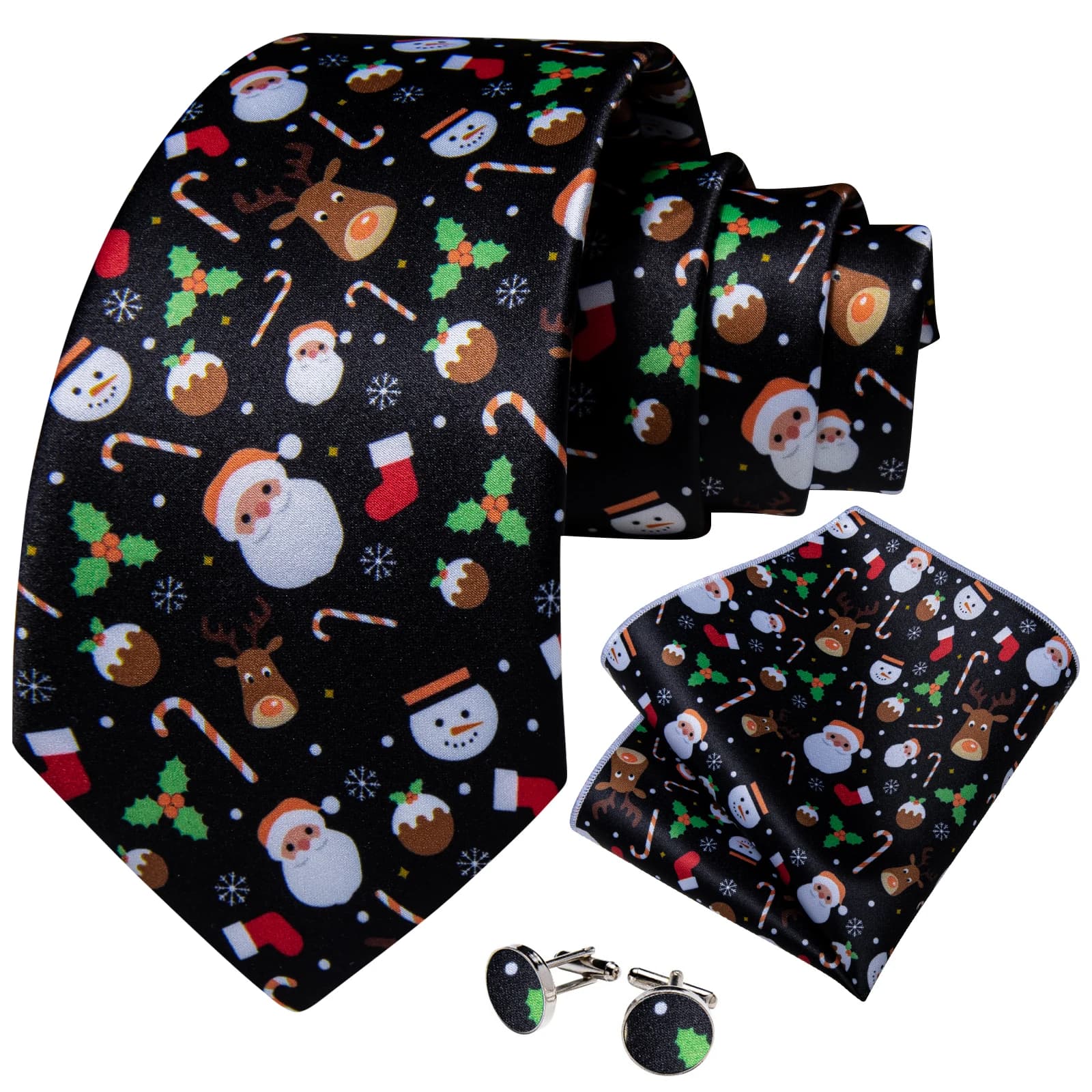 Christmas Silk Ties for Men Lovely Silver Snowflake Elk Party Prom Accessories 8cm Necktie Set Handkerchief Cuffllinks Gift