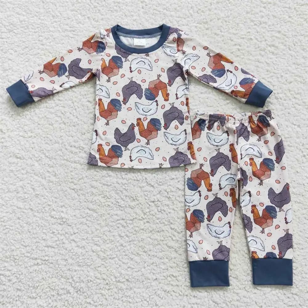 Wholesale Baby Boy Sleepwear Long Sleeves Chicken Farm Pullover T-shirts Children Pants Set Pajamas Toddler Kids Fall Outfit