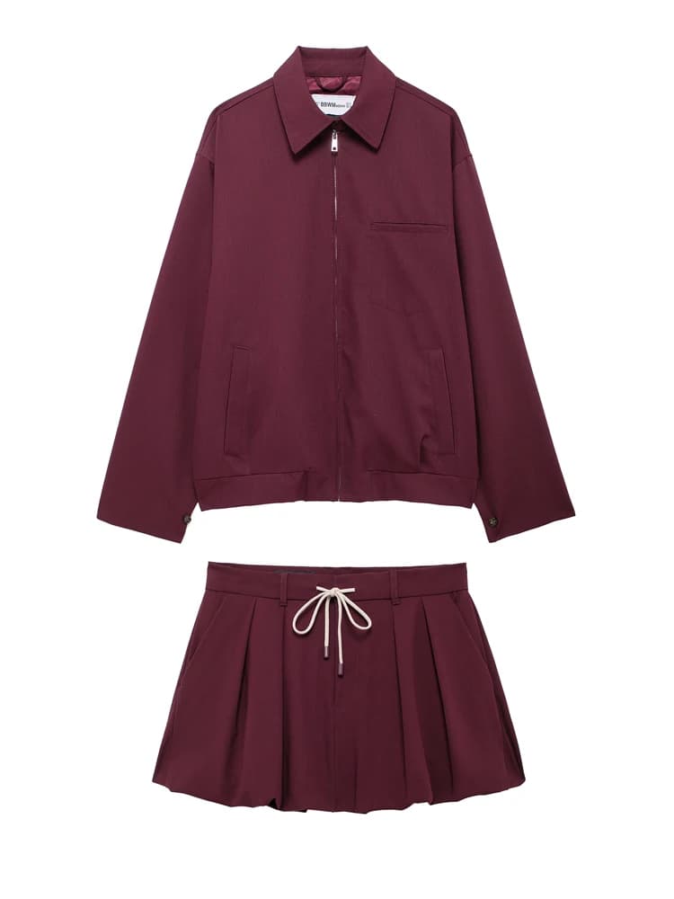 KAOPU ZA Women with zip pockets jacket or drawstring mid-waist balloon mini skirt two pieces sets mujer