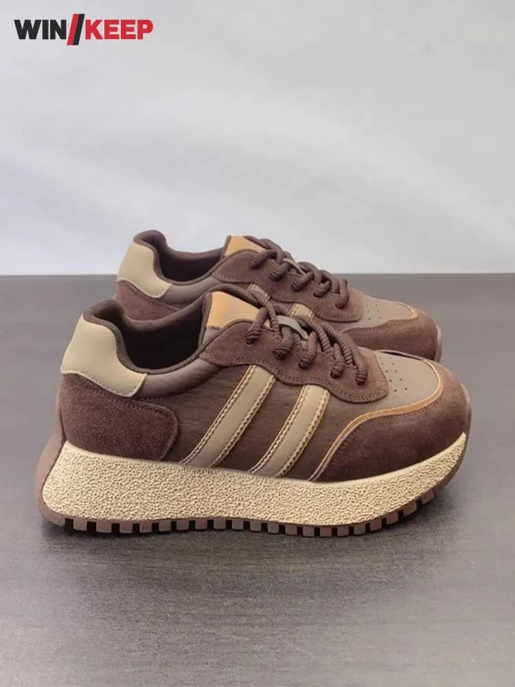 Vintage Spliced Genuine Leather Sneakers Comfortable Breathable Thick Bottom Running Sports Shoes Lace Up Walking Jogging Shoes