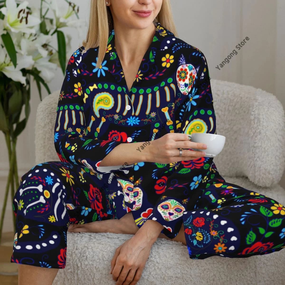 Spring and Autumn Pajama Set Women's Long Sleeve Pants Two Piece Cats And Sugar Skulls For Day Of The Dead Home Furnishing Set