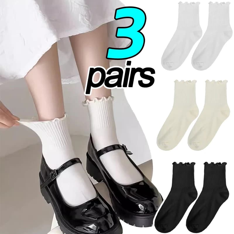 3pairs Ruffle Solid Cotton Middle Tube Ankle Short Socks for Girls Soft Breathable Black White JK Lolita Skin Friendly Socks