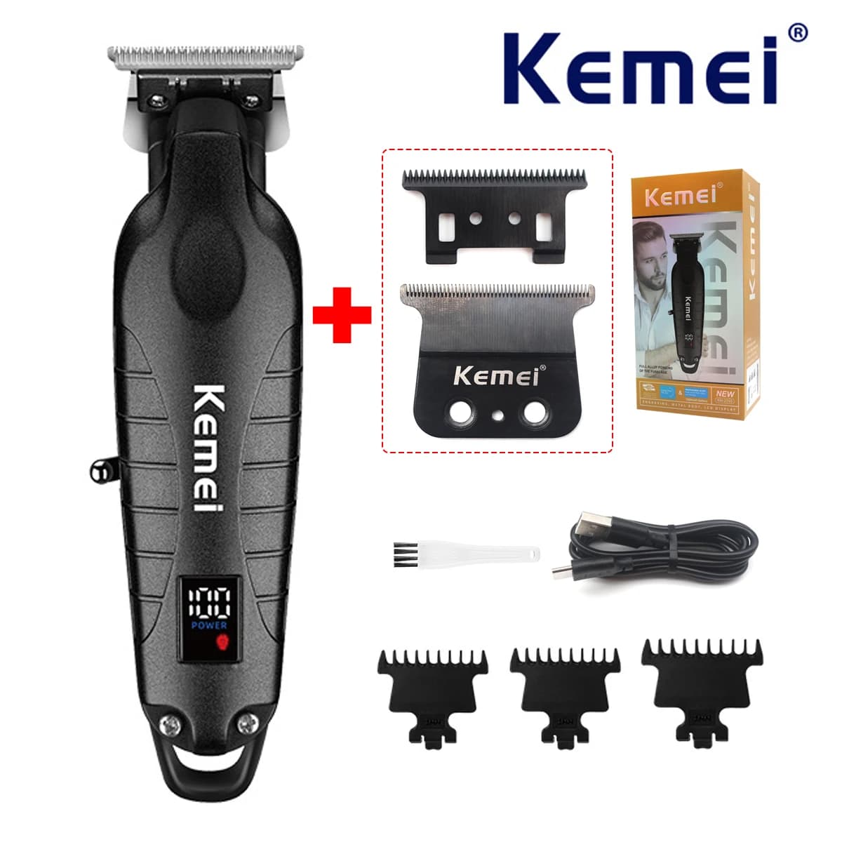 Kemei KM-2293 Professional Hair Trimmer Machine Zero Gapped Full Metal DLC T-Blade Finishing Machine USB LED Man's Hair Clipper