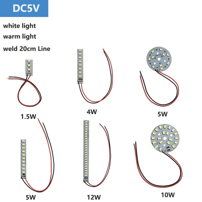 DC5V LED Light Beads Bulb Light Source SMD5730 Board chip 1W 4W 5W 10W 12W with 20cm line White Warm light and 2m switch adpter