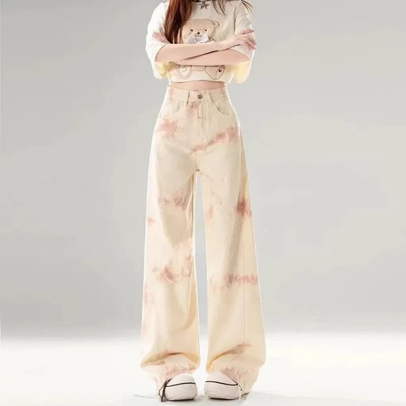 American Retro Color Tie Dye Printed Jeans with a Female Design Sense Niche Spicy Girl Casual Wide Leg Floor Pants