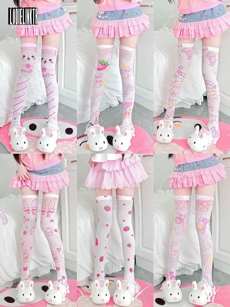 Cute Printed Rabbit Over The Knee Stockings Soft Girl Lolita Daughter Clothes Cute Strawberry Cosplay Velvet Thigh Stockings