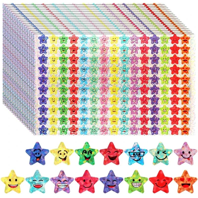 1500 Pcs Glitter Foil Small Star Stickers,15 Designs Happy Face Stickers,Suitable for DIY handicrafts and student reward prizes