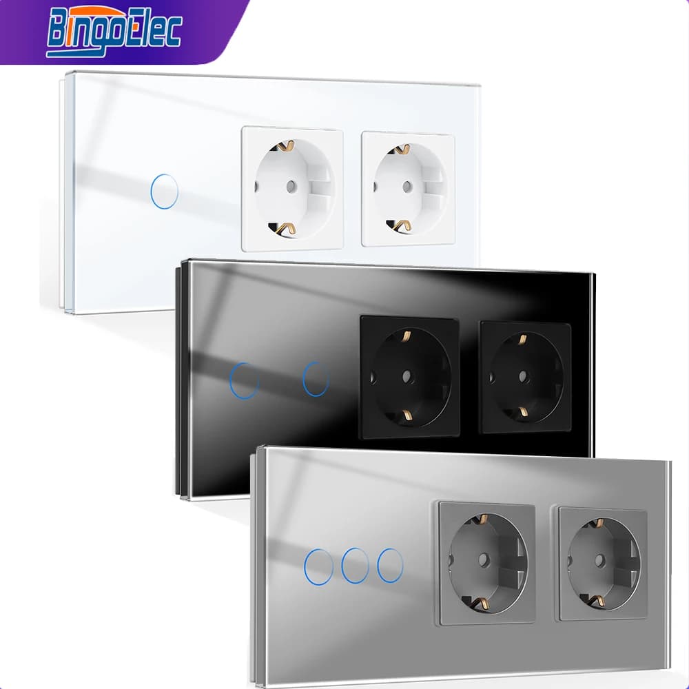 Bingoelec Touch Light Sensor Switch with Double Wall EU Socket 1/2/3gang 1/2way Stair Switches Power Outlets Plug Glass Panel