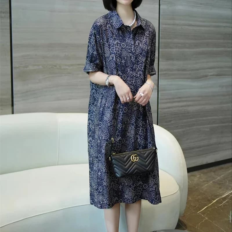 Fashion Lapel Button Loose Printed Short Sleeve Vintage Dress Women Clothing 2024 Summer New Oversized Office Lady Floral Dress