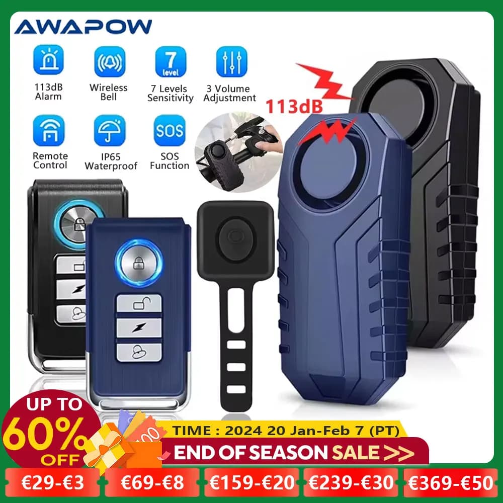 Awapow Bicycle Alarm 113dB Waterproof Motorcycle Security Burglar Wireless Remote Control Electric Scooter Bike Anti theft Alarm