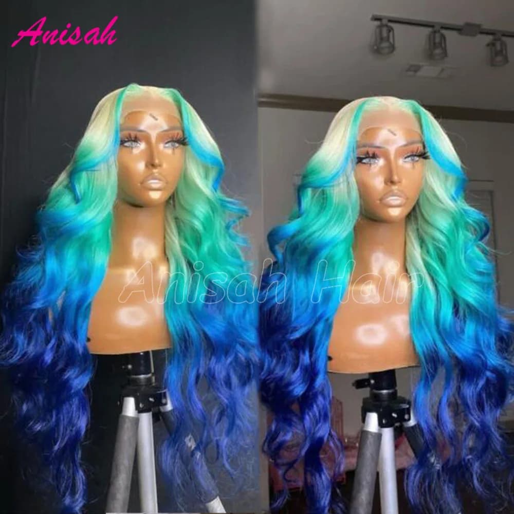 Glueless Lace Front Wigs Human Hair Ombre Blue Colored Wig for Women 13x4 HD Transparent Lace Frontal Wig PrePlucked