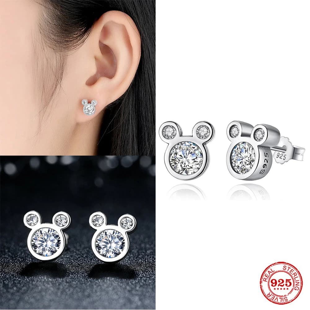 Hot Selling 925 Sterling Silver Cute Dazzling Mouse Cartoon Stud Earrings For Women Girl Authentic Original Jewelry Gift