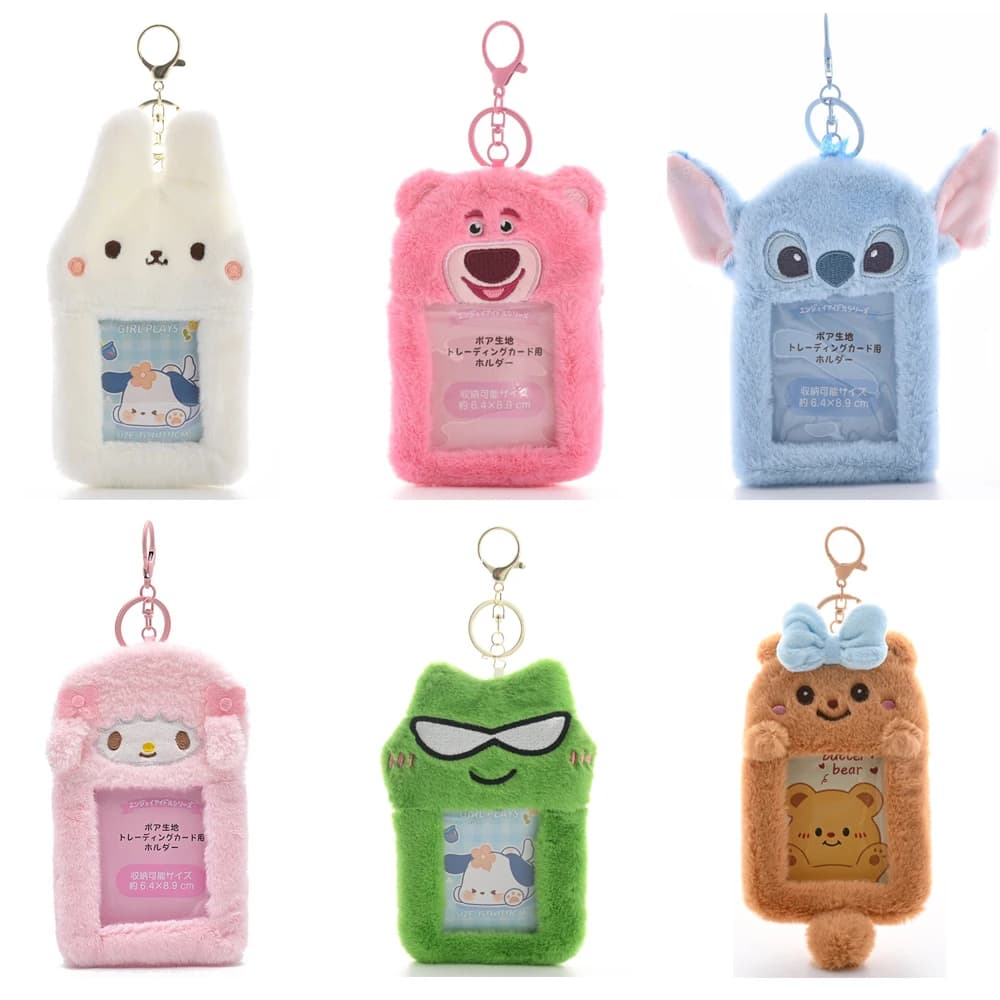 Kawaii Cartoon Plush Disney Stitch Strawberry Bear 3-Inch Cards Holder Cute Girl Idol Photo Storage Card Holder Pendant Keychain