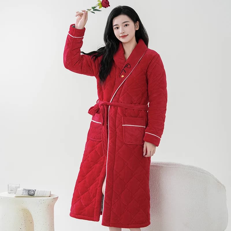 Coral fleece female bathrobe thick 3 layers quilted flannel bathrobes winter autumn thickening terry women robe keep warm kimono