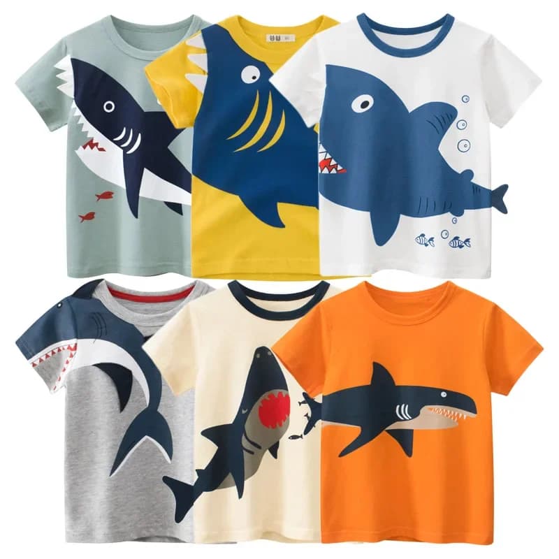 2025 New Summer Clothing Cartoon Shark Print T Shirt Boys & Girls T-Shirt Children Short Sleeve Cotton Tops Kids Clothes