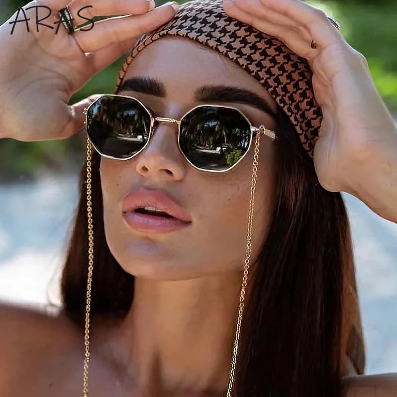 Polygon Sunglasses Women With Chain 2025 Luxury Brand Fashion Unique Trends Octagon Sun Glasses For Ladies Square Eyewear Shades