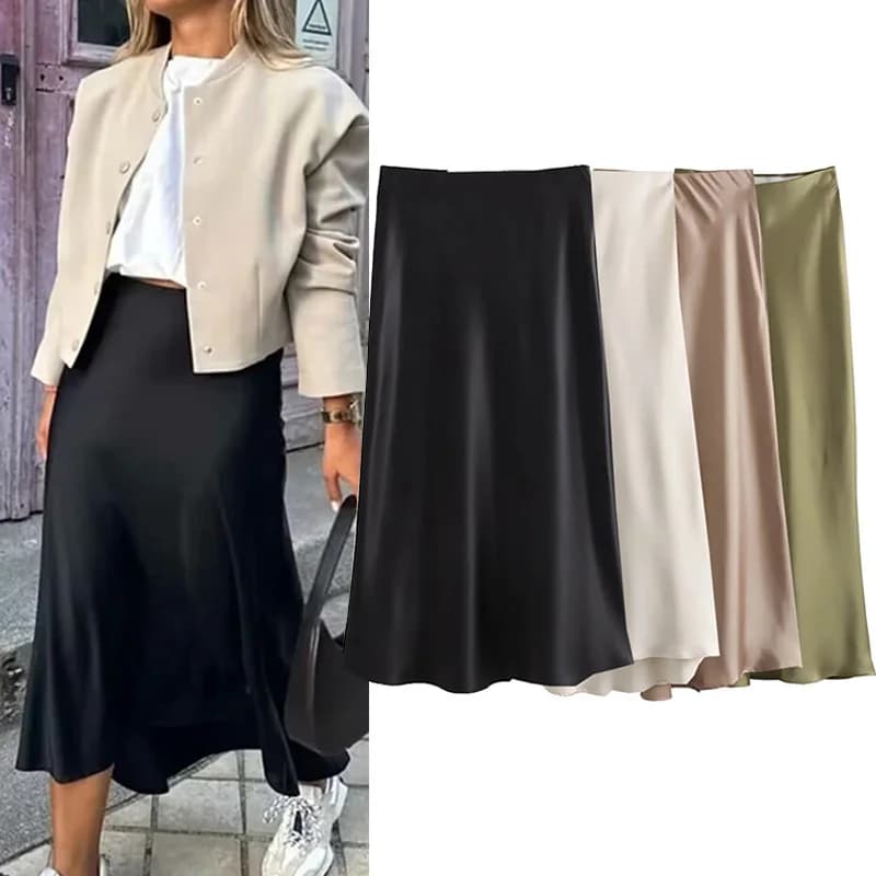 MUJER 2025 Black Satin Skirt Woman High Waist Elegant Long Skirts For Women Fashion Summer Midi Skirt Office Women's Skirts