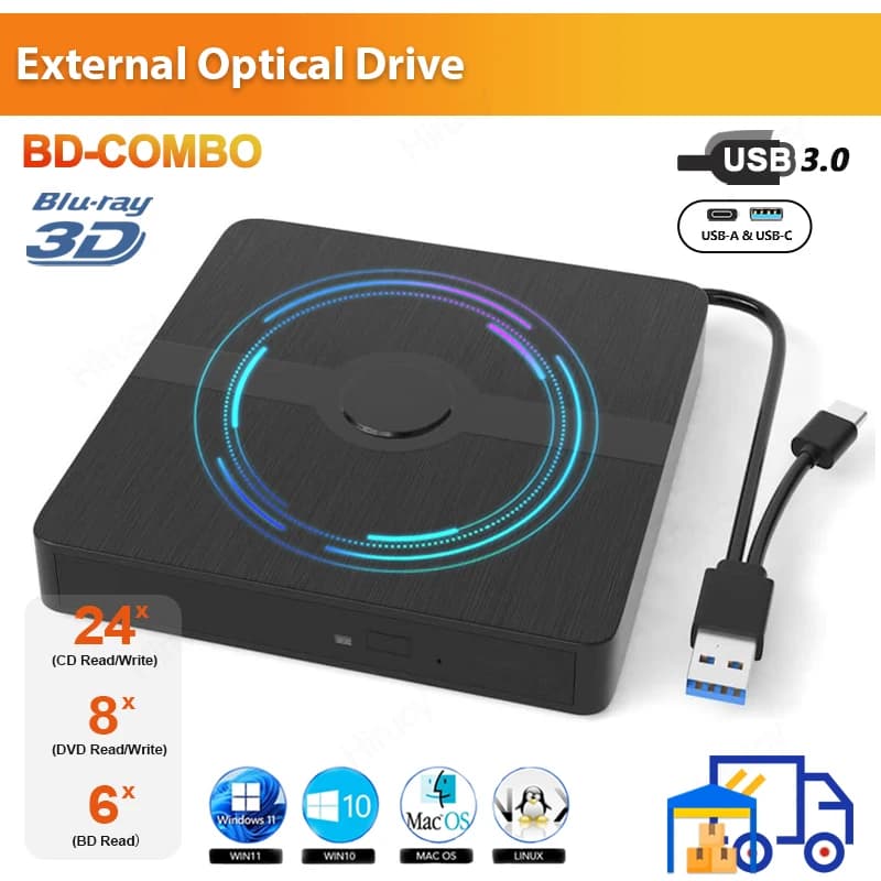 USB 3.0 External Blu-ray Drive Portable 3D BD-Combo Optical Drives CD DVD Player Burner Reader for Laptop PC Windows 11/10 Mac