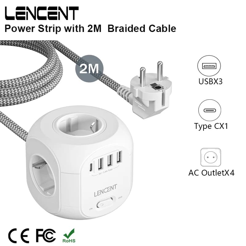 LENCENT EU Plug Power Strip with 4 AC Outlets 3 USB Port 1 Type C 2M/3M Braided Cable Multi Socket with Switch for Home