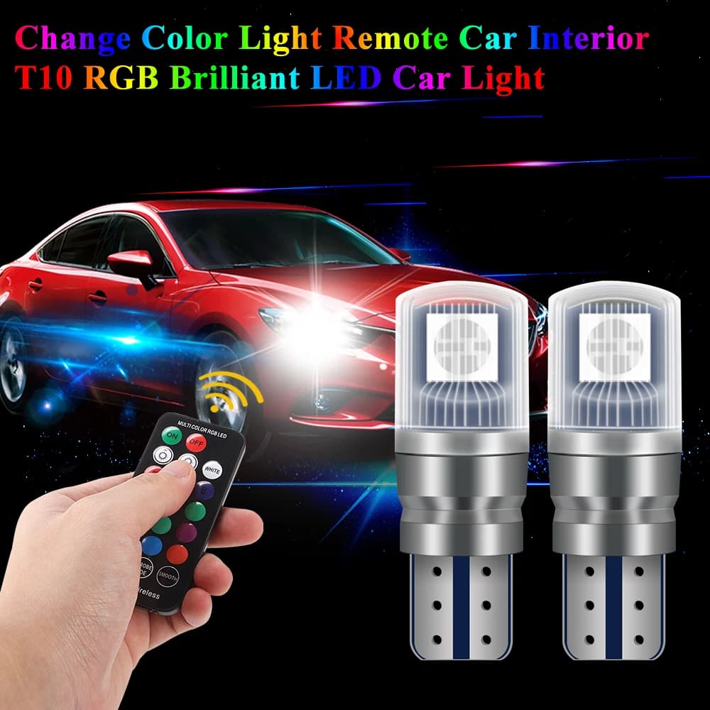 2Pcs/1Set T10 LED W5W 194 168 W5W Signal Lights RGB Automovie Interior Dome Reading Light WIith Remote Control Car Accessories