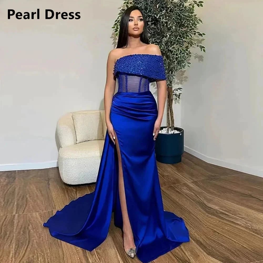 Pearl Off the Shoulders Dress Women Elegant Party Dresses Woman Wedding Dress Satin Side Slit Dresses for Special Events Evening